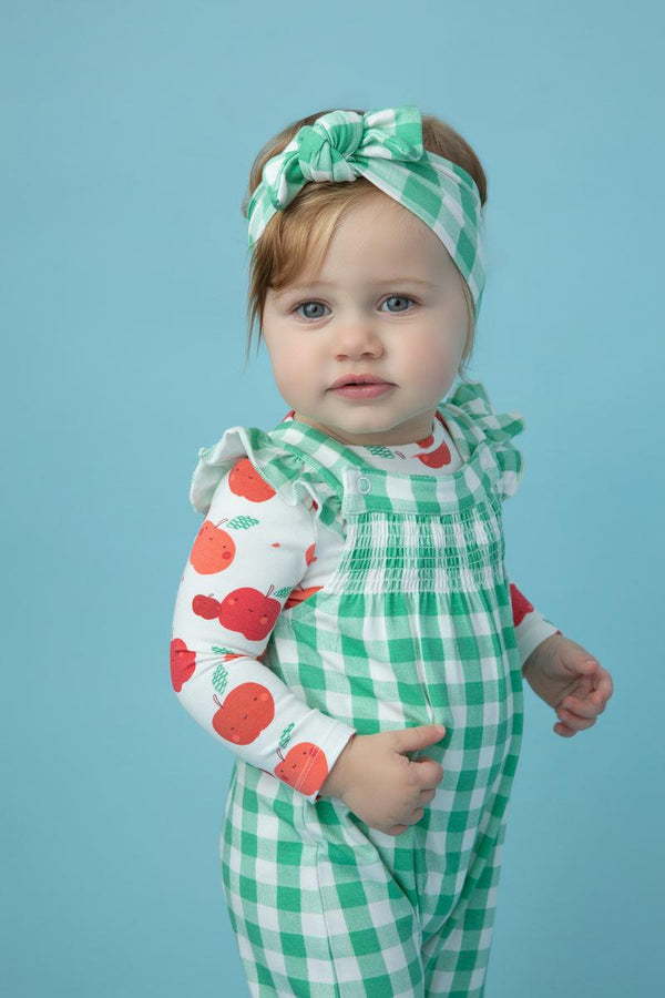 SMOCKED FRONT COVERALL - GINGHAM GREEN